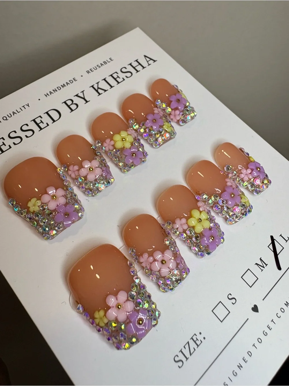 Nude Press-On Nails with Pastel 3D Flowers & Rhinestones